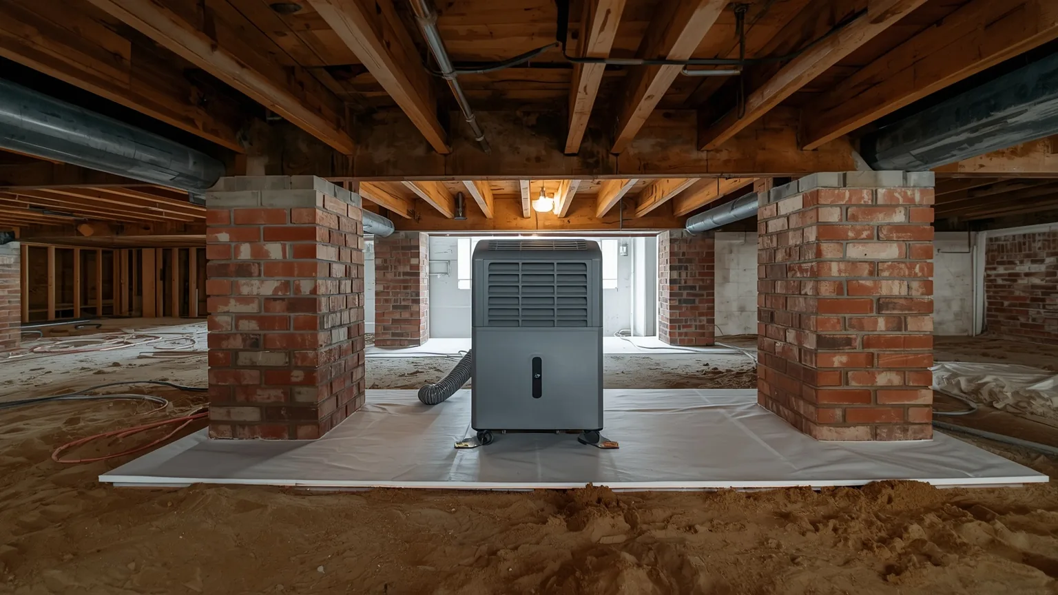 Crawl space dehumidifier standing on liner between brick piers
