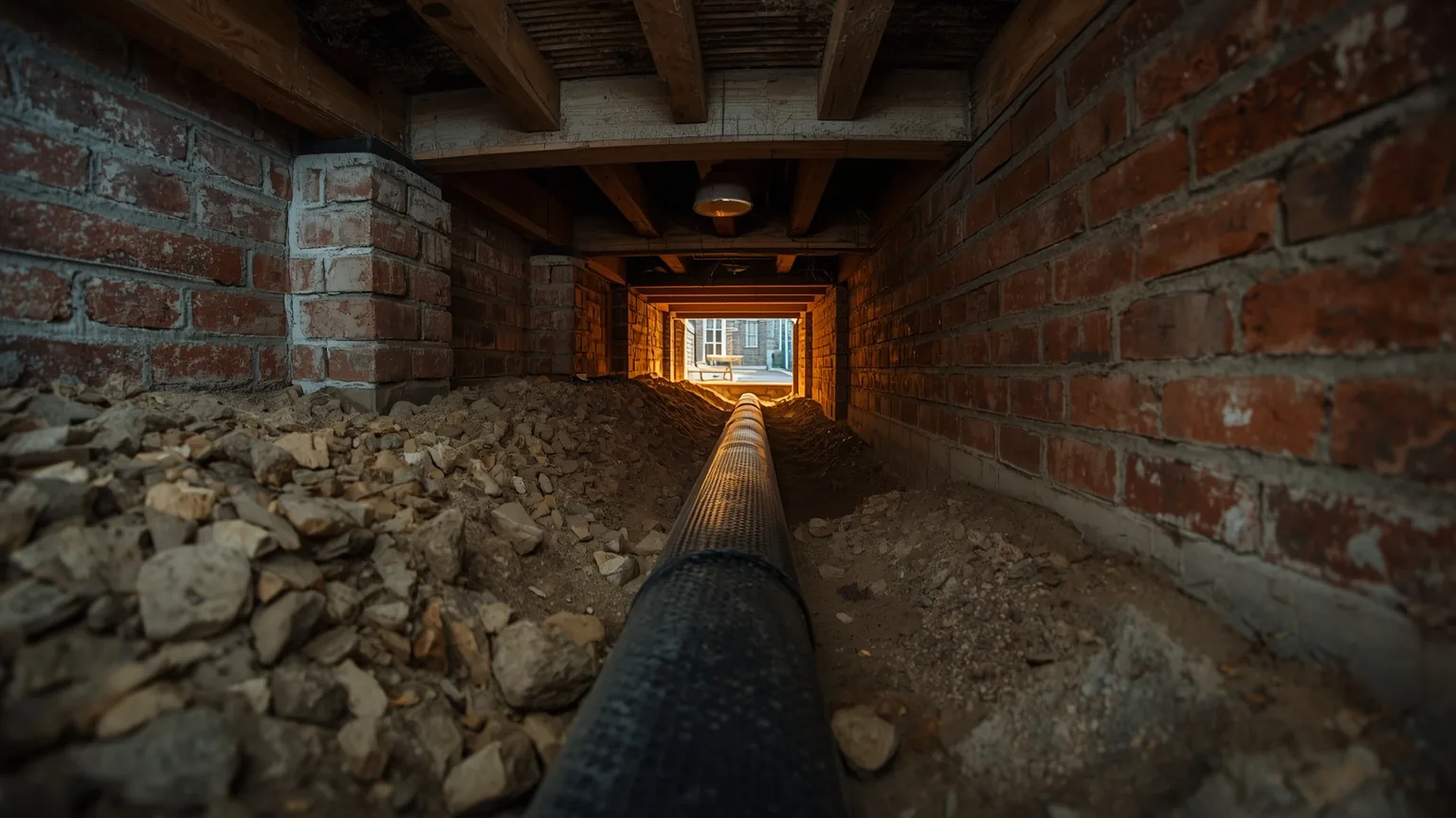 Perforated drainage pipe in a stone trench beside a brick foundation wall