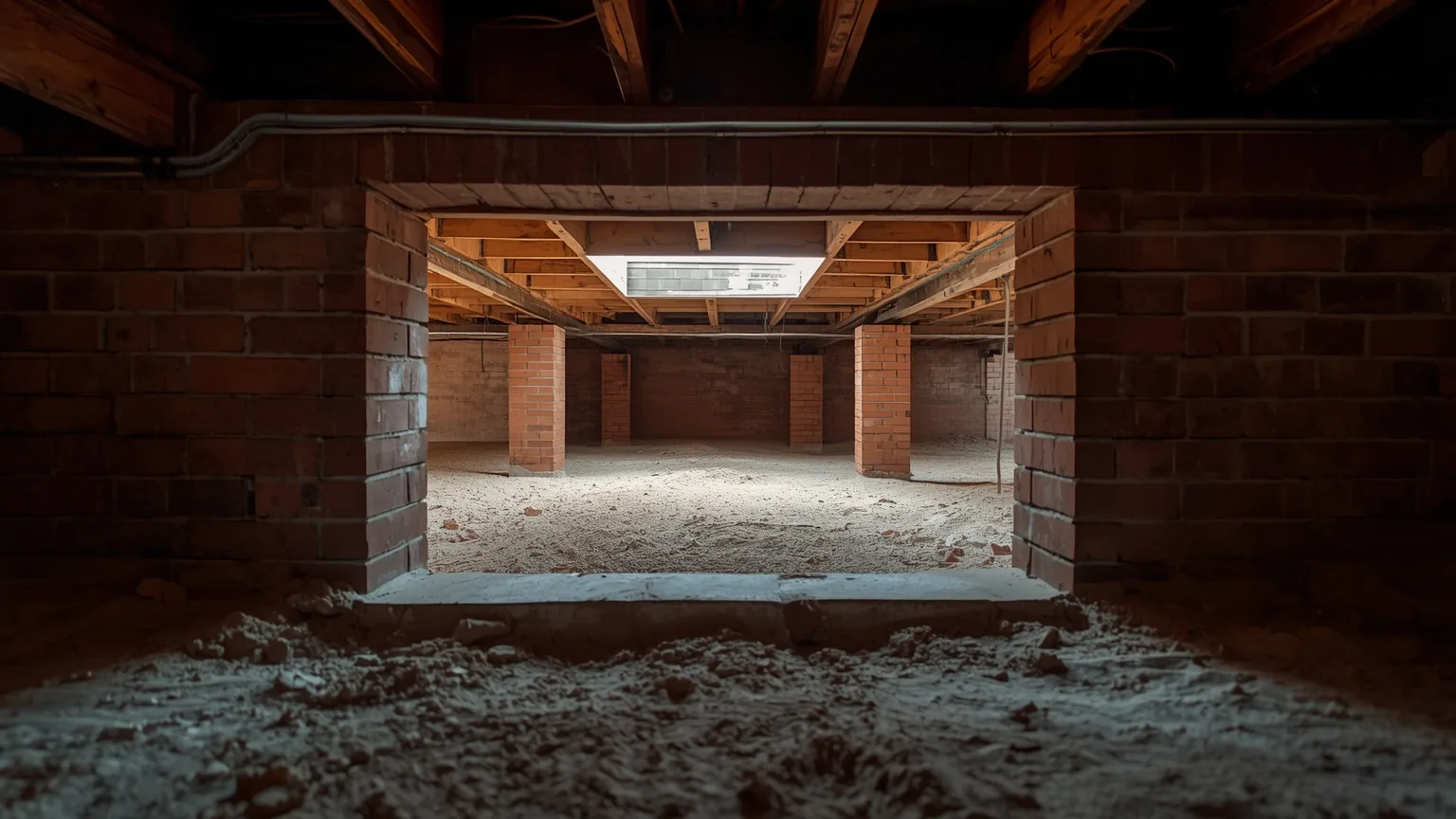 Open crawl space access hatch in a brick skirt wall letting daylight into the void