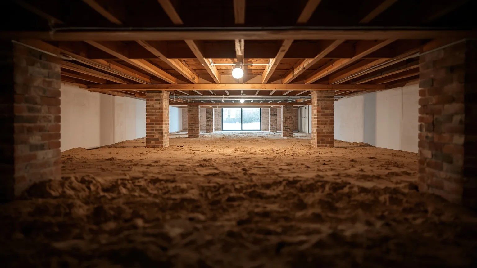 A crawl space floor half covered in liner and half still bare earth