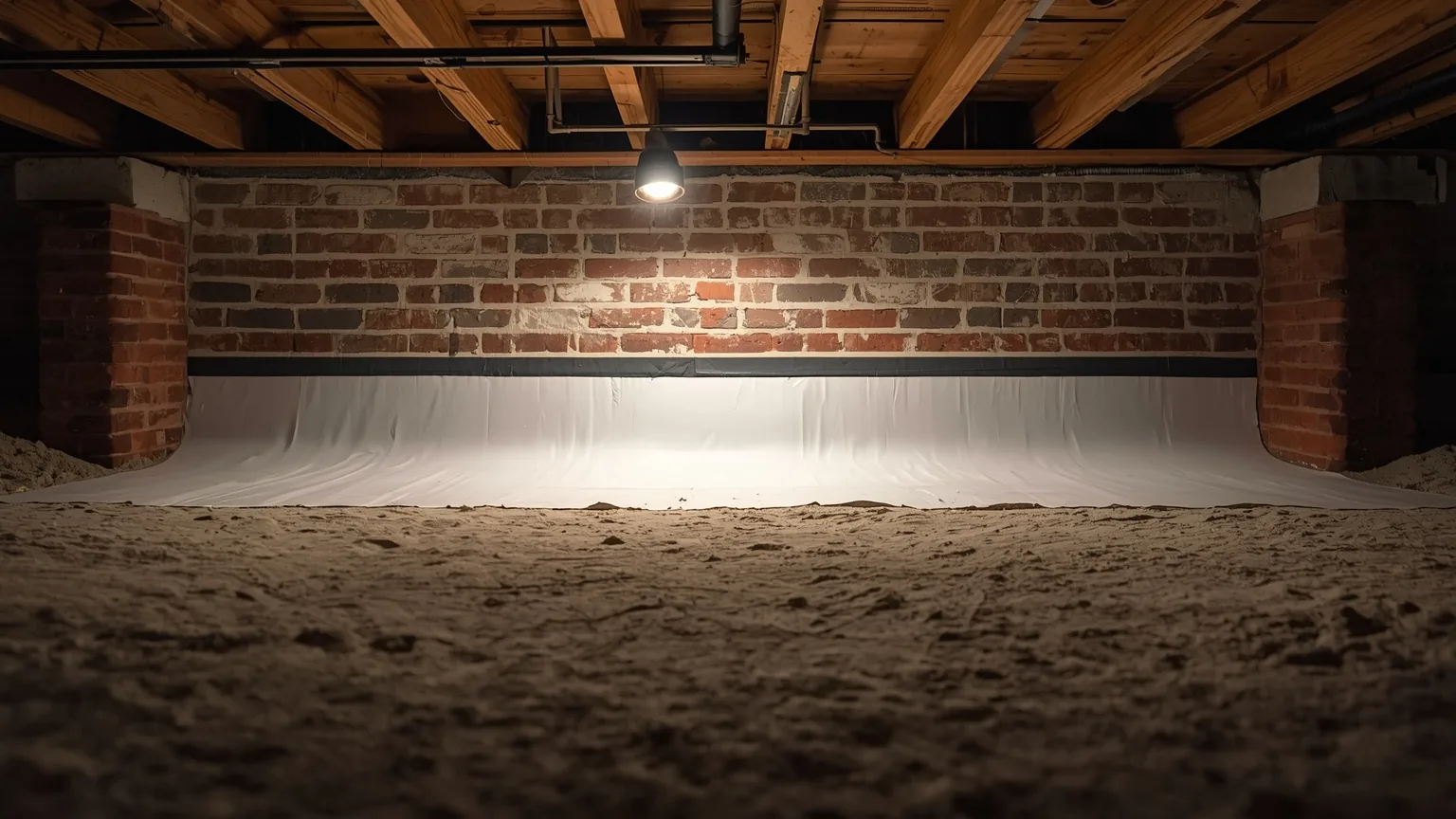 Crawl space liner turned up a brick foundation wall and terminated in a taped line