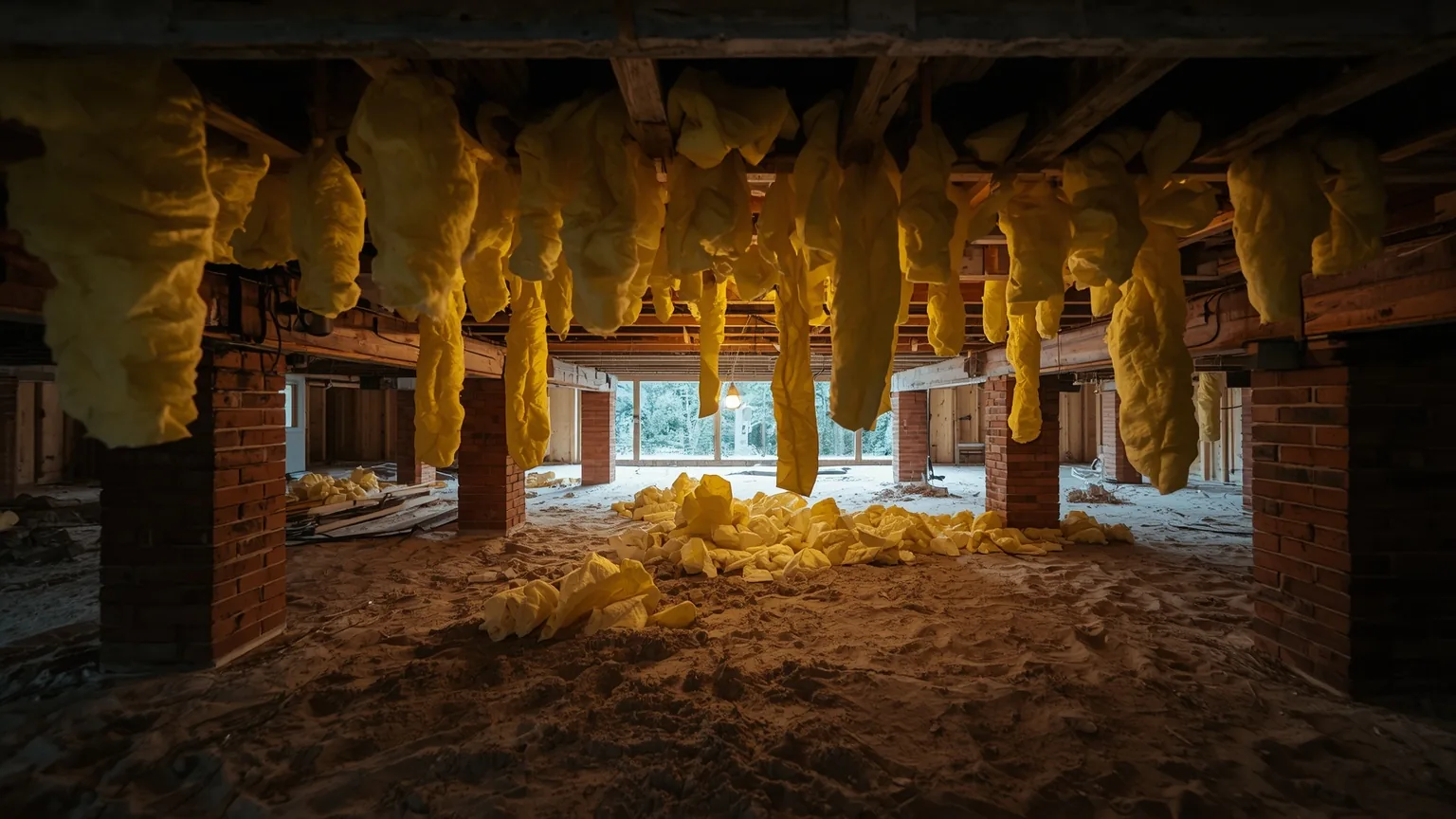 Fiberglass insulation batts sagging and fallen from crawl space floor joists