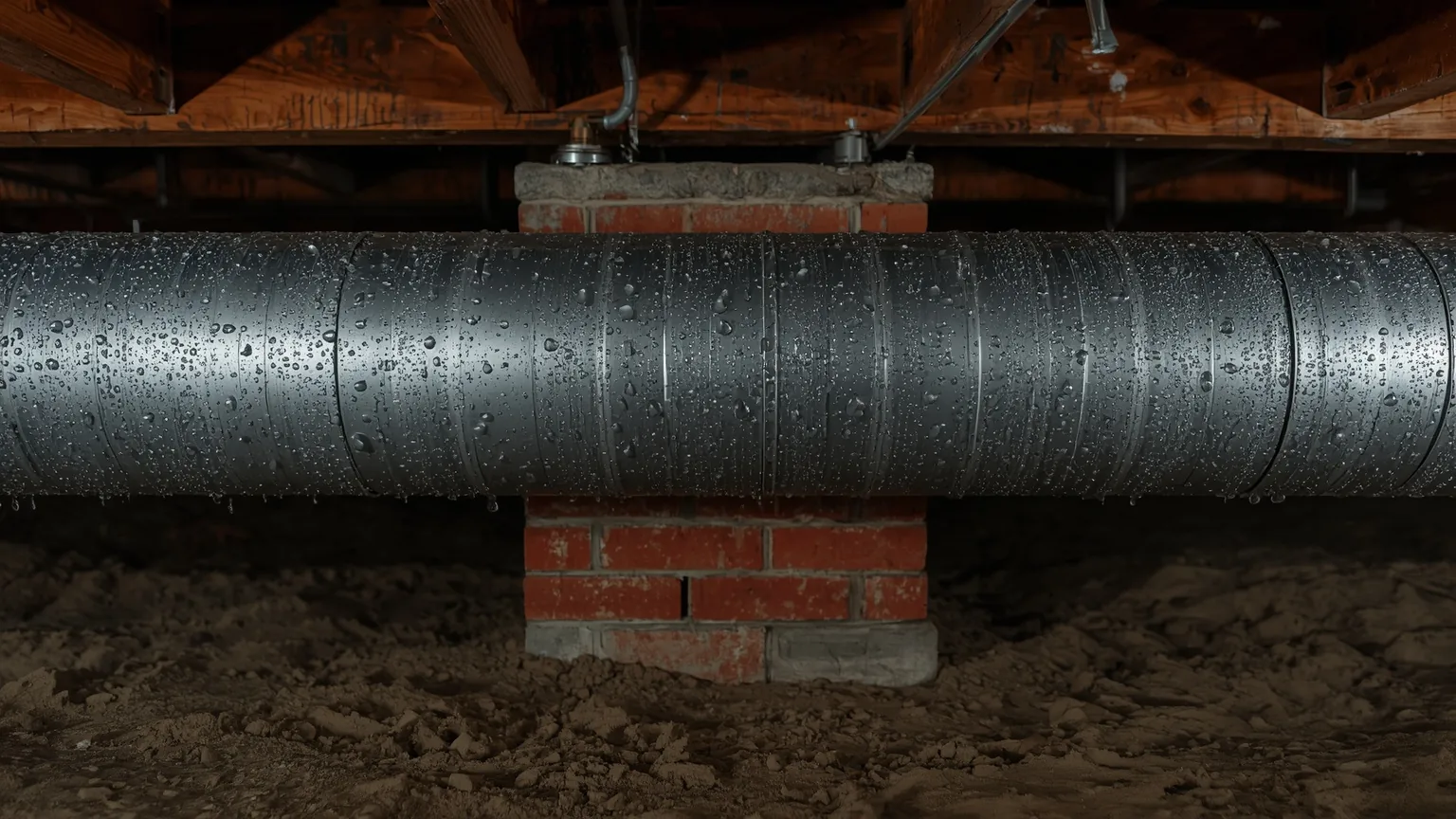 Condensation beading on a metal duct beside a brick pier in a crawl space