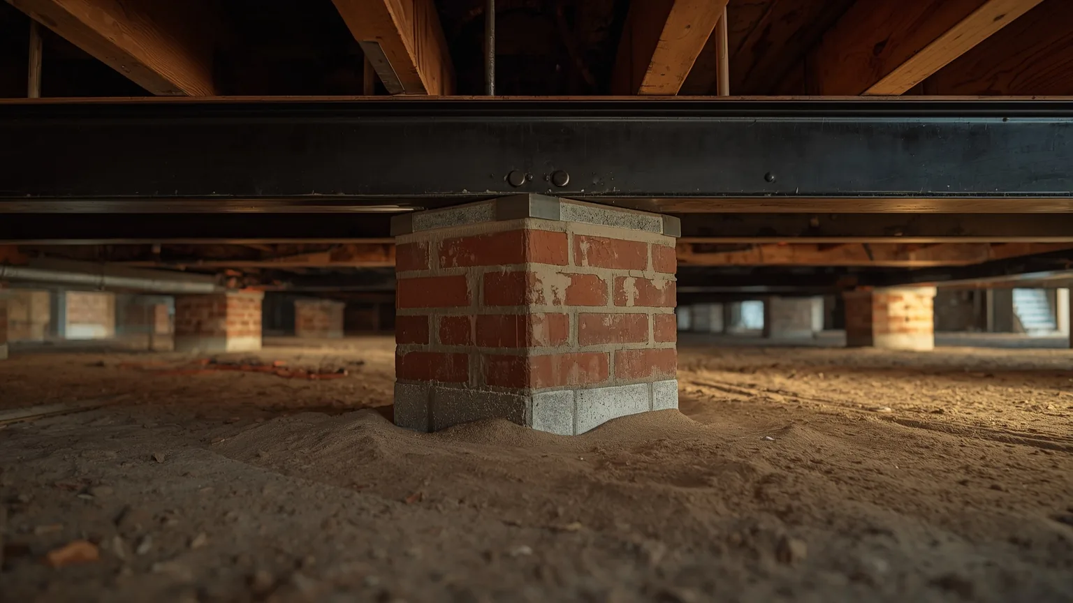 Steel girder bearing on a brick crawl space pier with a steel bearing plate
