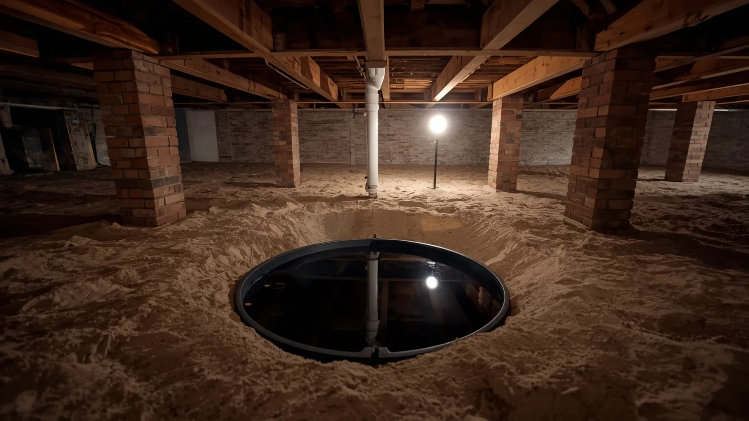 Sump basin set into a crawl space floor with standing water and discharge pipe