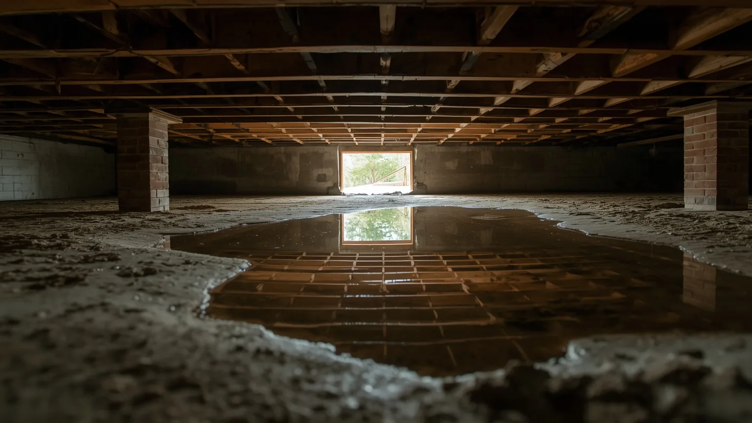 Standing water across a crawl space floor reflecting light from a foundation vent