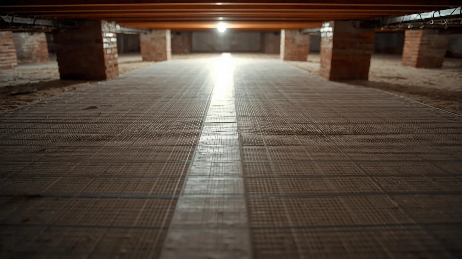 Heavy reinforced crawl space liner showing its woven grid and a taped seam